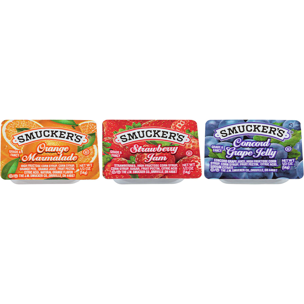 Smucker s Assortment #5 120 Concord Grape Jelly, 40 Strawberry Jam, 40 Orange Marmalade, 0.5 Ounces, 200 Per Case