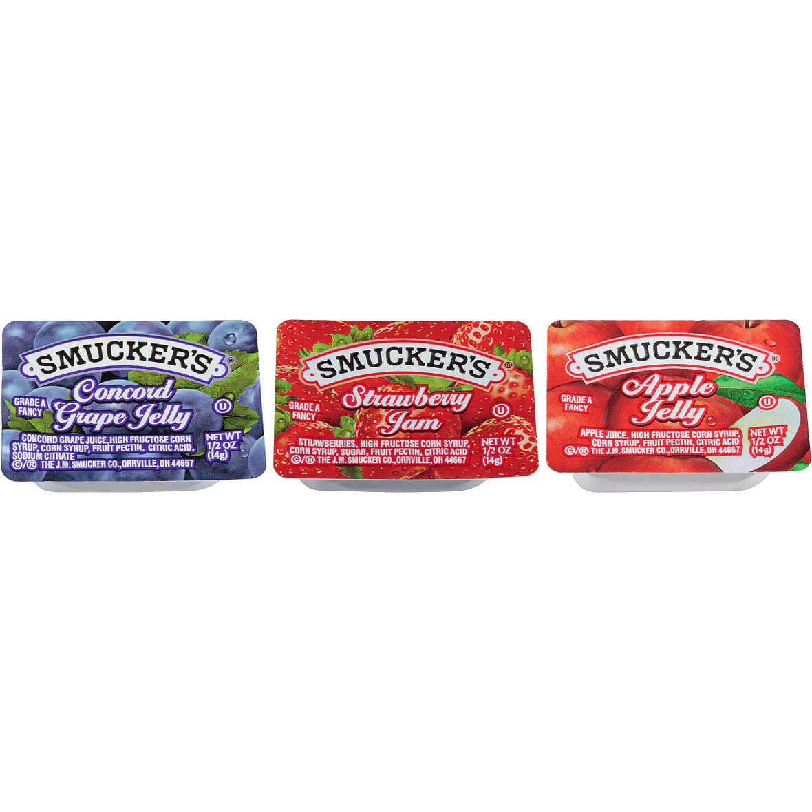 Smucker s Assortment #8 50 Strawberry Jam, 50 Apple Jelly, And 100 Grape Jelly, 0.5 Ounces, 200 Per Case