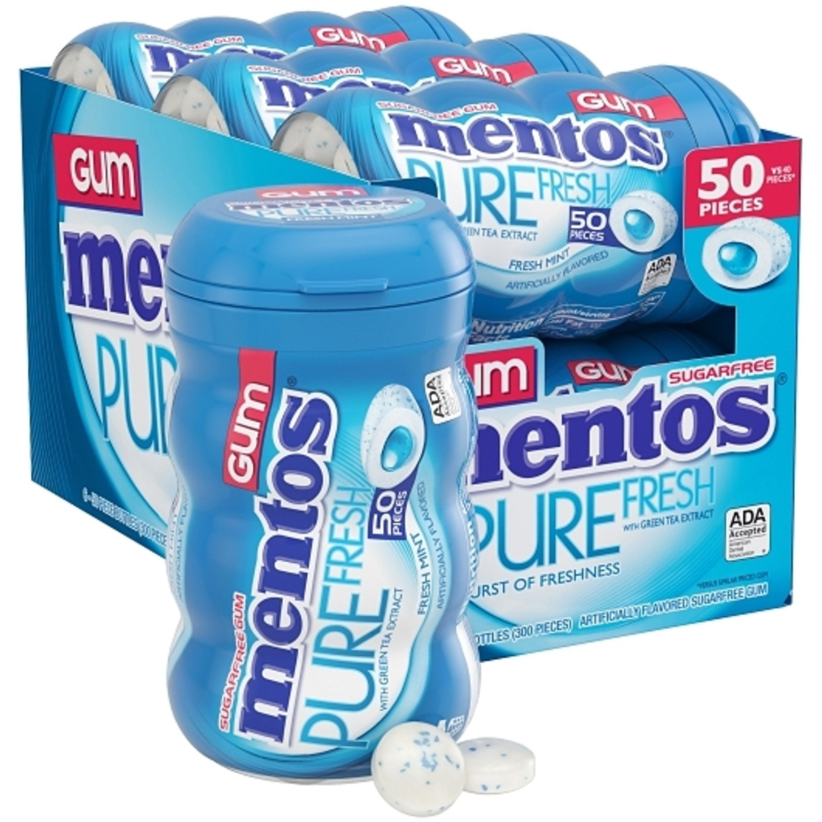 Mentos Sugar Free Pure Fresh Gum Fresh Mint Curvy Bottle, 50 Piece, 6 Per Box, 6 Per Case