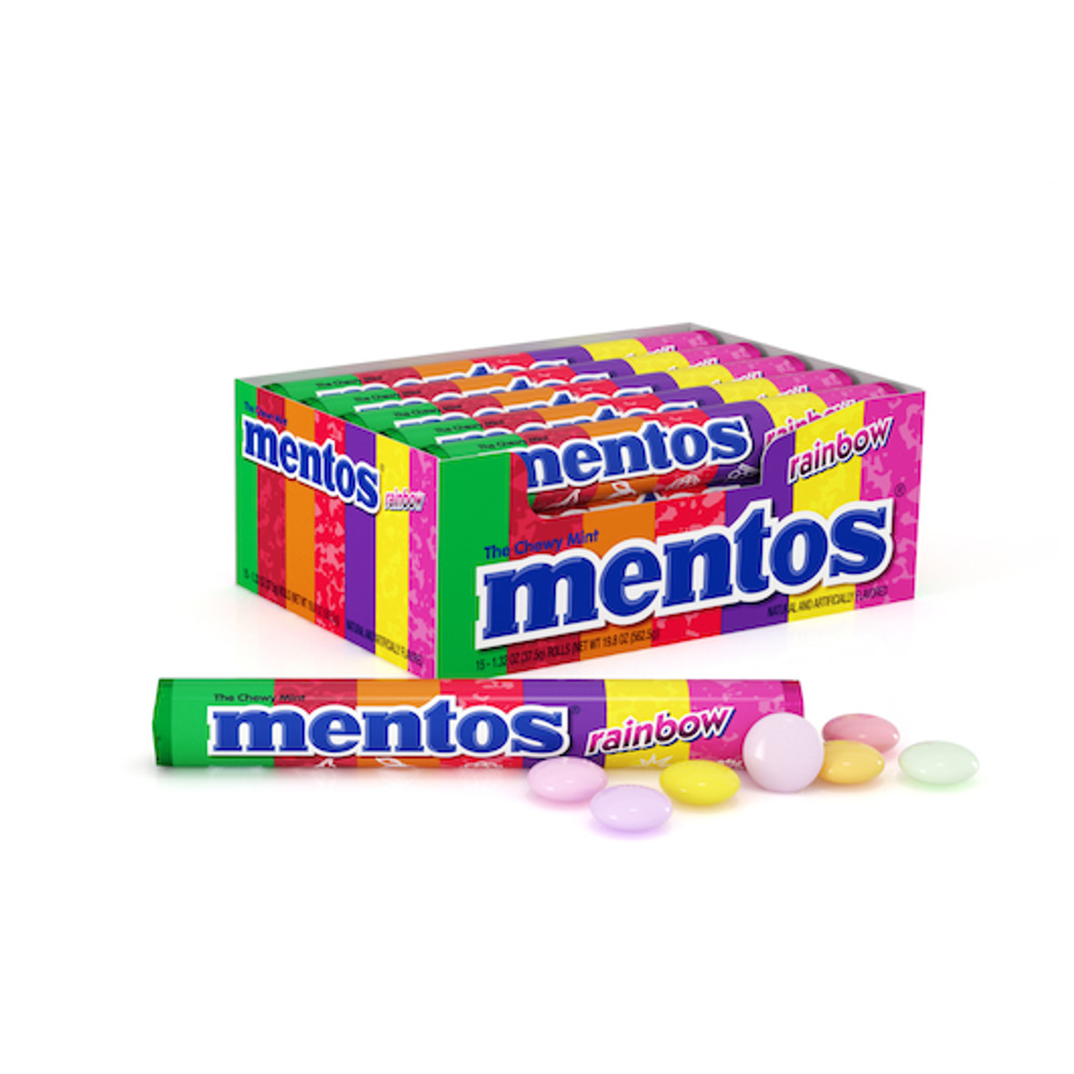Mentos Rainbow Roll Vertical Showbox, 1.32 Ounces, 15 Per Box, 24 Per Case
