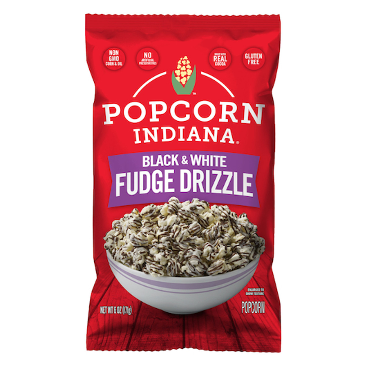 Popcorn Indiana Black And White Fudge Drizzled Popcorn, 6 Ounce, 6 Per Case
