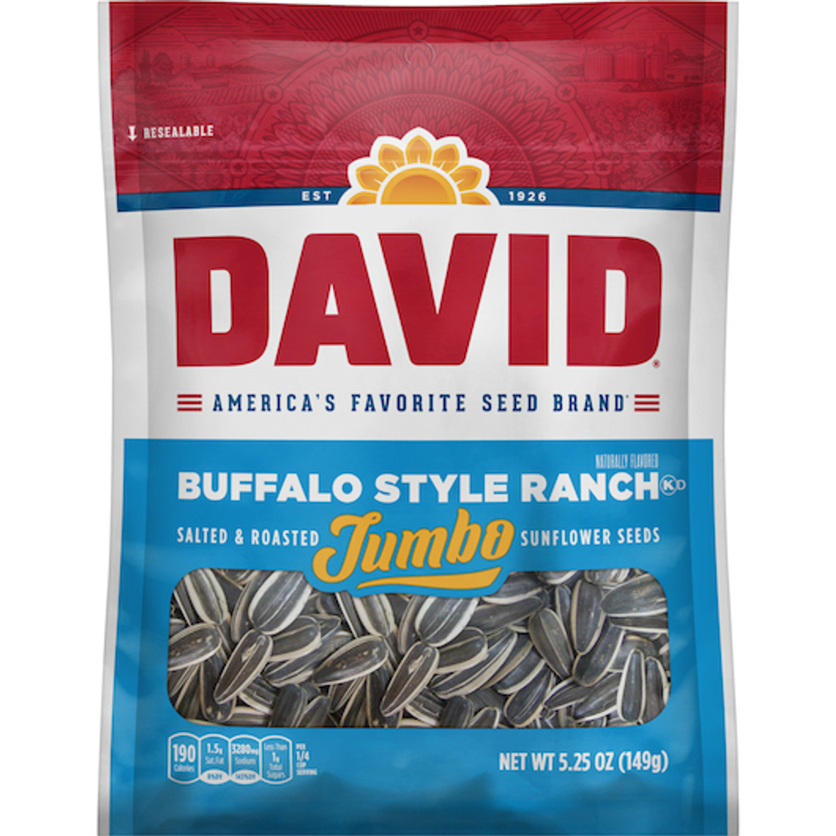 David Roasted & Salted Buffalo Style Ranch Jumbo Sunflower Seeds, 5.25 Ounce, 12 Per Case