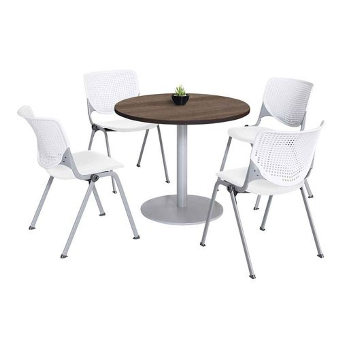 KFI Studios Pedestal Table With Four White Kool Series Chairs, Round, 36" Dia X 29h, Studio Teak, Ships In 4-6 Business Days