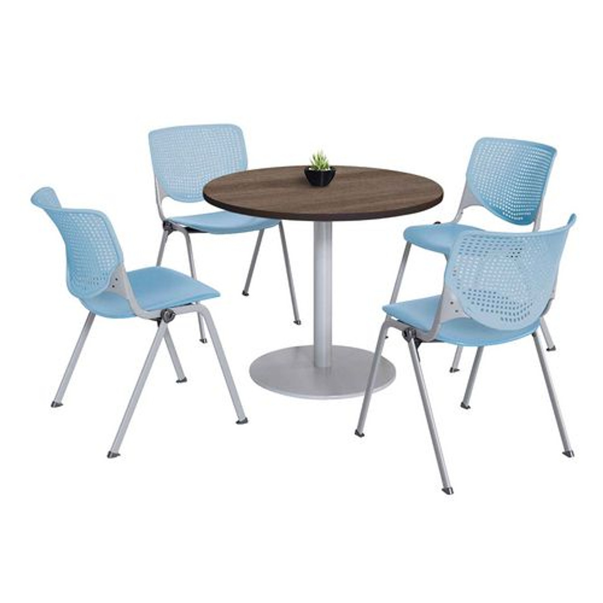 KFI Studios Pedestal Table With Four Sky Blue Kool Series Chairs, Round, 36" Dia X 29h, Studio Teak, Ships In 4-6 Business Days