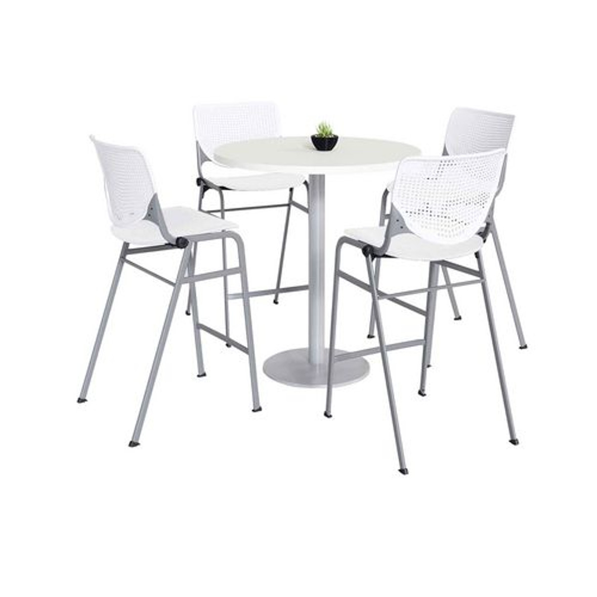 KFI Studios Pedestal Bistro Table With Four White Kool Series Barstools, Round, 36" Dia X 41h, Designer White, Ships In 4-6 Business Days