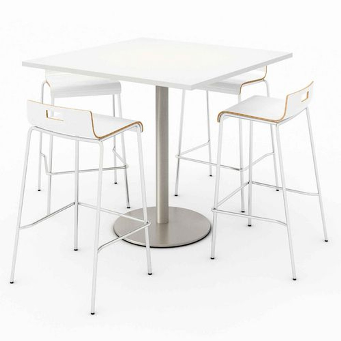 KFI Studios Pedestal Bistro Table With Four White Jive Series Barstools, Square, 36 X 36 X 41, Designer White, Ships In 4-6 Business Days