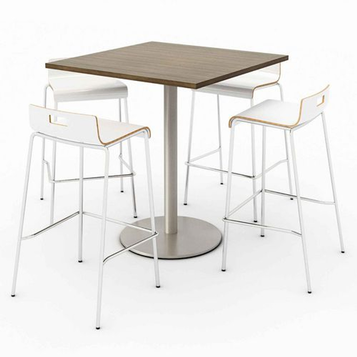 KFI Studios Pedestal Bistro Table With Four White Jive Series Barstools, Square, 36 X 36 X 41, Studio Teak, Ships In 4-6 Business Days