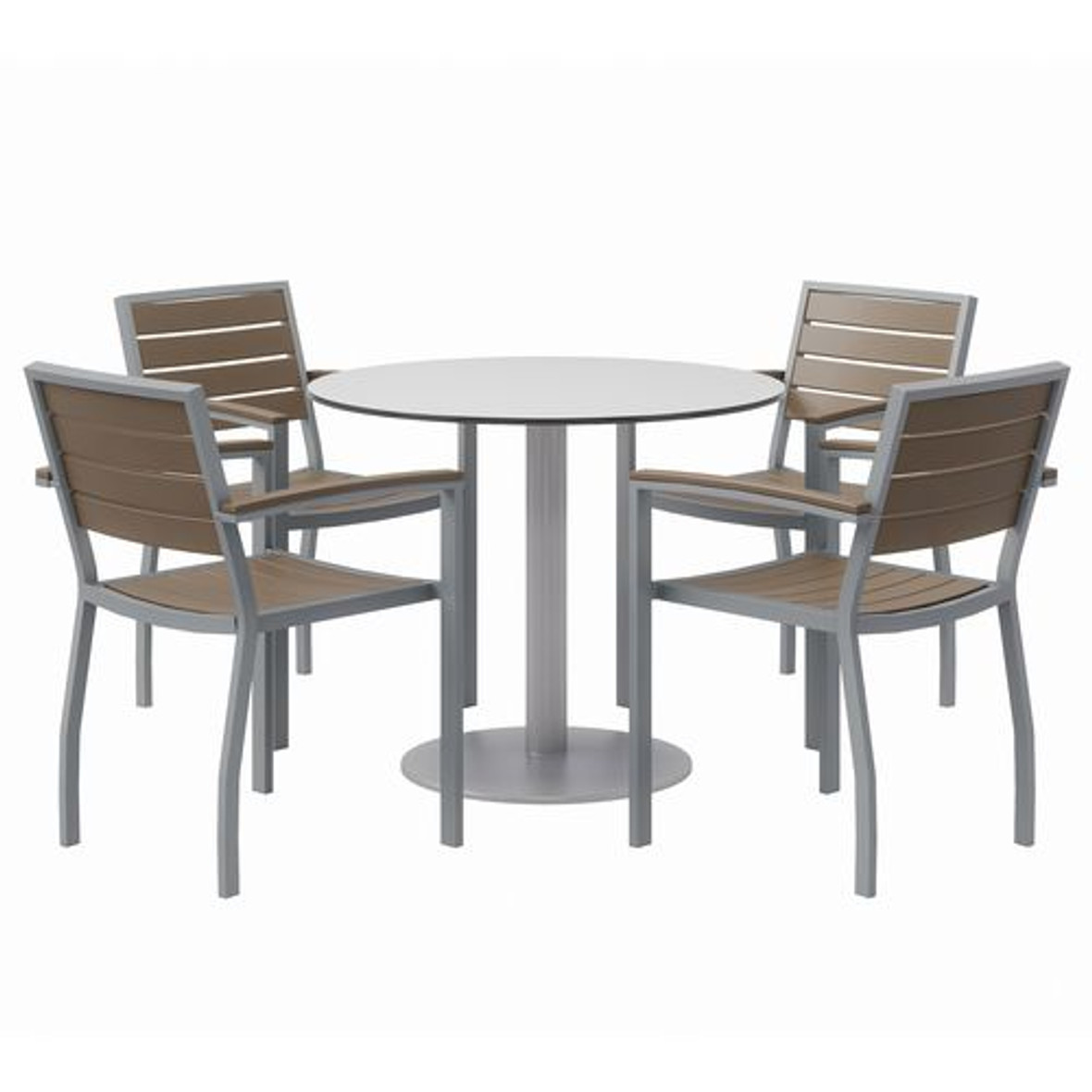 KFI Studios Eveleen Outdoor Patio Table, 4 Mocha Powder-coated Polymer Chairs, Round, 36" Dia X 29h, Fashion Gray, Ships In 4-6 Bus Days