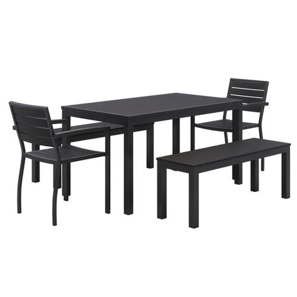 KFI Studios Eveleen Outdoor Patio Table W/ Two Black Powder-coated Polymer Chairs And Two Benches, 32 X 55, Gray, Ships In 4-6 Bus Days