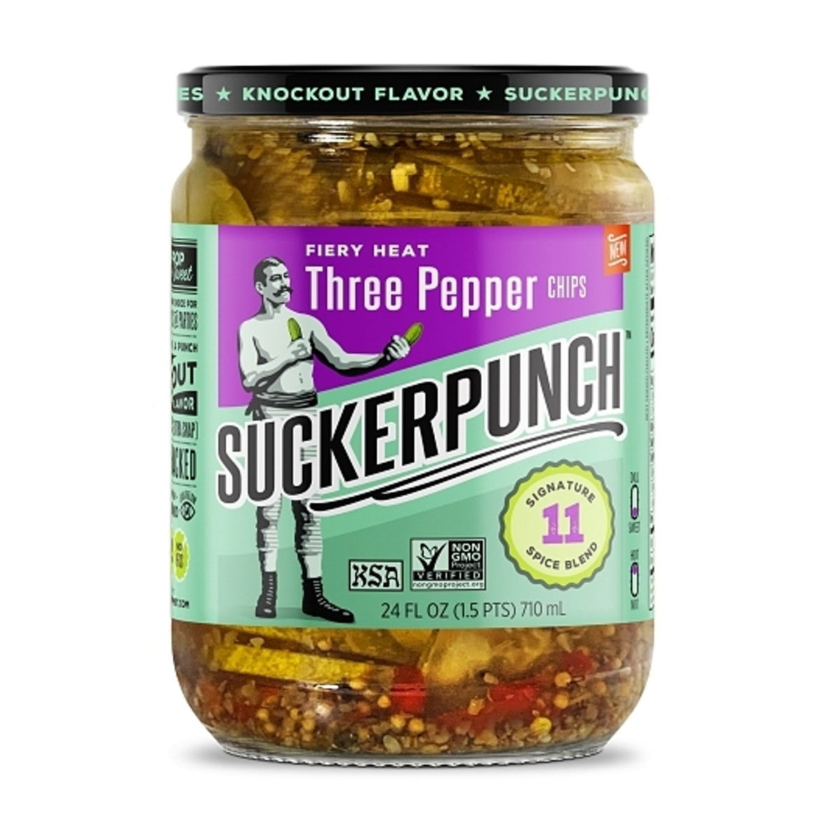 Suckerpunch Gourmet Spicy Dill Fiery Heat Three Pepper Pickle Chips Jar, 24 Fluid Ounce, 6 Per Case