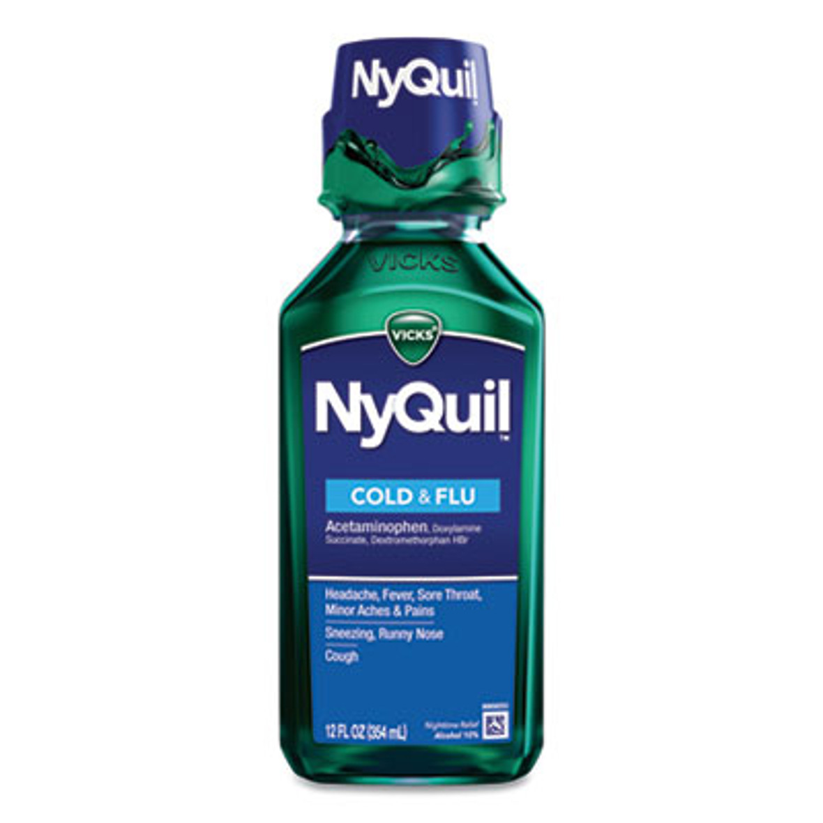 NyQuil Cold and Flu Nighttime Liquid, 12 Ounce Bottle, 12 Per Carton