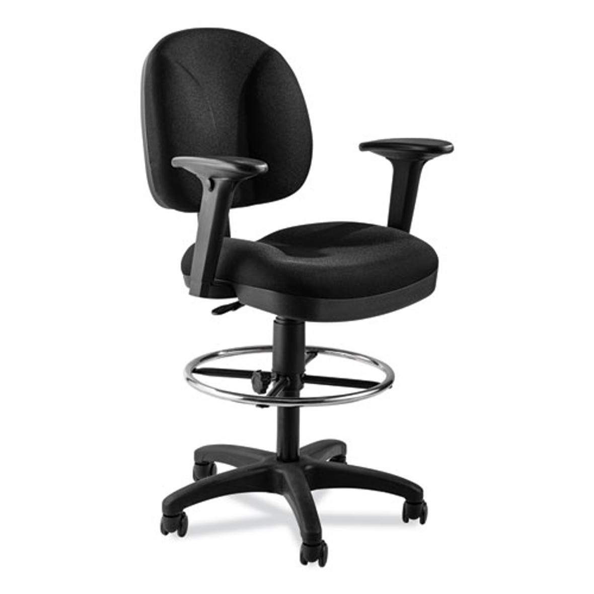 NPS Comfort Task Stool With Arms, Supports Up To 300 Lb, 25.5" To 35.5" Seat Height, Black Seat, Black Back, Black Base