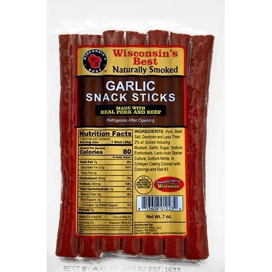 Wisconsins Best Pork & Beef Garlic Snack Sticks, 7 Ounce, 12 Per Case