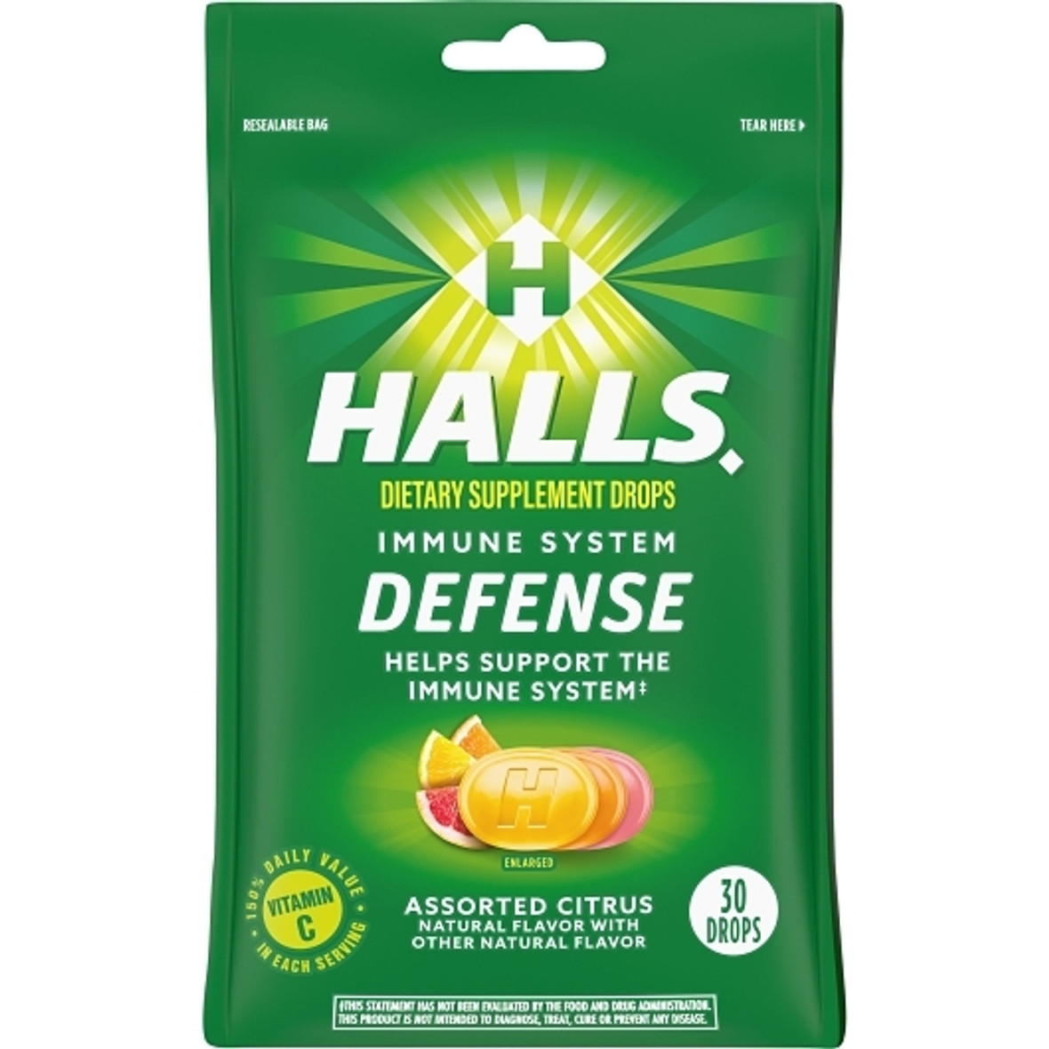 Halls Defense Citrus Cough Drops, 30 Count, 12 Per Pack, 4 Per Case