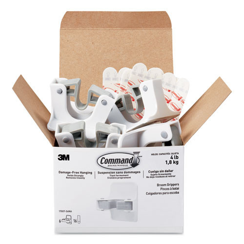 Command™ Broom Gripper, 3.12 x 1.85 x 3.34, White/Gray, 6 Grippers/16 Strips/Pack