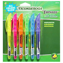 Ticonderoga emphasis fluorescent highlighters, pocket style with clip, chisel tip, assorted colors, 6-pack (48008)