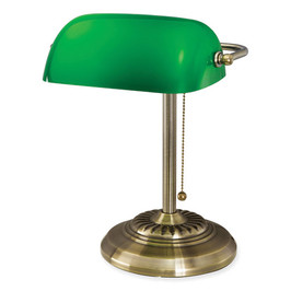V-Light LED Bankers Lamp With Green Shade, Cable Suspension Neck, 13.5" High, Antique Brass