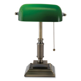 V-Light LED Bankers Lamp With Green Shade, Candlestick Neck, 14.75" High, Antique Bronze