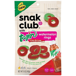 Snak Club Tajin Chile and Lime Seasoned Watermelon Rings Gummy Candy, 5 Ounces, 6 Per Case