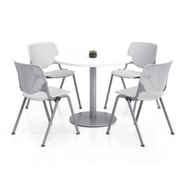 KFI Studios Pedestal Table With Four Light Gray Kool Series Chairs, Round, 36" Dia X 29h, Designer White, Ships In 4-6 Business Days