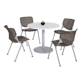 KFI Studios Pedestal Table With Four Brownstone Kool Series Chairs, Round, 36" Dia X 29h, Designer White, Ships In 4-6 Business Days