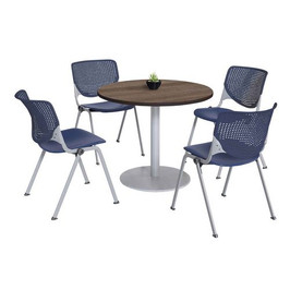 KFI Studios Pedestal Table With Four Navy Kool Series Chairs, Round, 36" Dia X 29h, Studio Teak, Ships In 4-6 Business Days