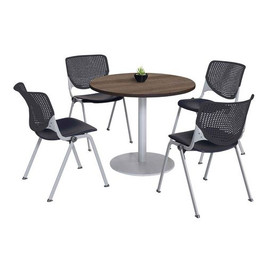 KFI Studios Pedestal Table With Four Black Kool Series Chairs, Round, 36" Dia X 29h, Studio Teak, Ships In 4-6 Business Days