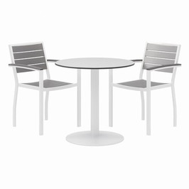 KFI Studios Eveleen Outdoor Patio Table With 2 Gray Powder-coated Polymer Chairs, 30" Dia X 29h, Designer White, Ships In 4-6 Bus Days