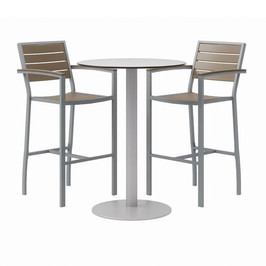 KFI Studios Eveleen Outdoor Bistro Patio Table, 2 Mocha Powder-coated Polymer Barstools, Round, 30" Dia X 41h, Gray,ships In 4-6 Bus Days