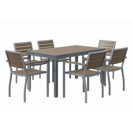 KFI Studios Eveleen Outdoor Patio Table With Six Mocha Powder-coated Polymer Chairs, 32 X 55 X 29, Mocha, Ships In 4-6 Business Days