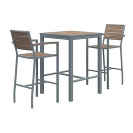 KFI Studios Eveleen Outdoor Bistro Patio Table With Two Mocha Powder-coated Polymer Barstools, 30" Square, Mocha, Ships In 4-6 Bus Days