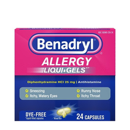 Benadryl Allergy Liqua-Gels Dye-Free Antihistamine 25 Mg Capsules, 24 Count, 6 Per Pack, 4 Per Case