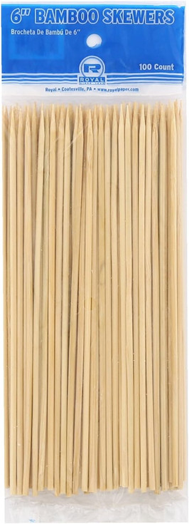 Royal 6 Inch Disposable Bamboo Skewers, Round, for Grilling Meat, Satays, and Skewered Vegetables, Package of 100