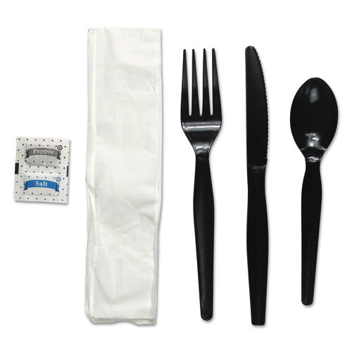 Six-piece Cutlery Kit, Condiment/fork/knife/napkin/spoon, Heavyweight, Black, 250/carton