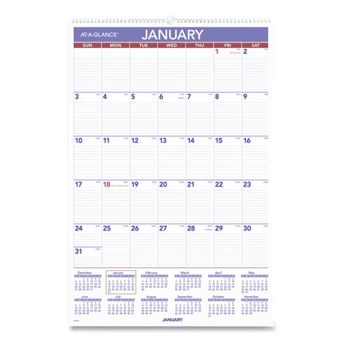 At-A-Glance® Monthly Wall Calendar With Ruled Daily Blocks, 20 x 30, White Sheets, 12-Month (Jan to Dec): 2022, Pack of 1