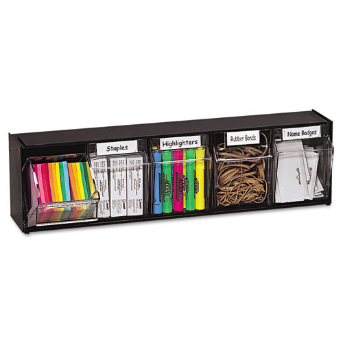 Deflecto® Tilt Bin Interlocking Multi-Bin Storage Organizer, 4 Sections, 23.63" x 6.63" x 8.13", Black/Clear