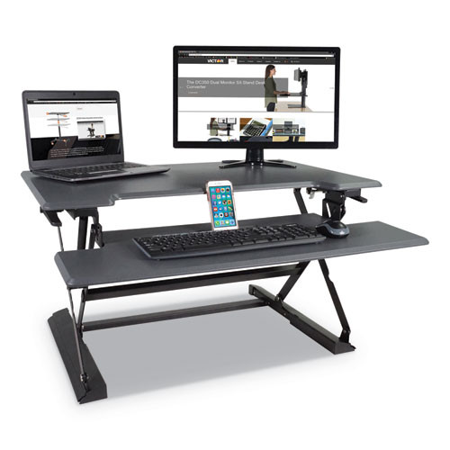 Victor® High Rise Height Adjustable Standing Desk With Keyboard Tray, 36" x 31.25" x 5.25" to 20", Gray/Black, 1 Each/Carton