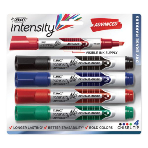 BIC Intensity Advanced Dry Erase Marker, Tank-Style, Broad Chisel Tip, Assorted Colors, 4/Pack