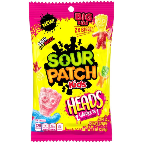 Sour Patch Kids Heads Soft Candy Peg Bag, 8 Ounce, 12 Packs Per Case