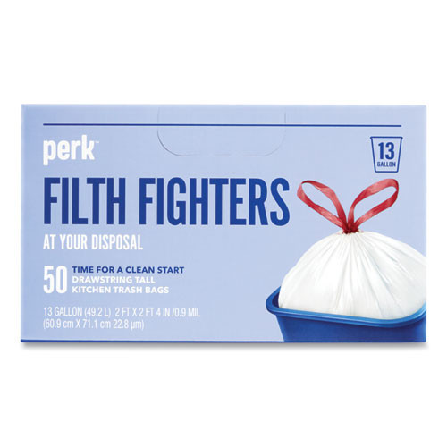 Perk™ Drawstring Tall Kitchen Trash Bags, 13 gal, White, 50/Box