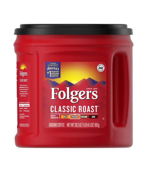 J.M. Smucker Co. Folgers Coffee, Classic Roast, Ground, 30.5 oz Canister,  6/Carton