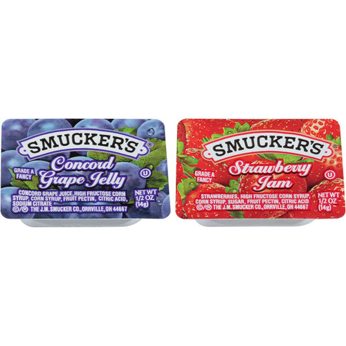 Smucker s Assortment 100 Strawberry Jam And 100 Grape Jelly, 0.5 Ounces, 200 Per Case