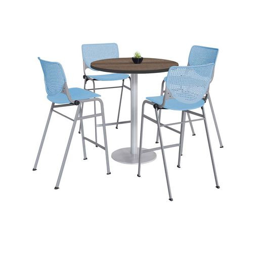 KFI Studios Pedestal Bistro Table With Four Sky Blue Kool Series Barstools, Round, 36" Dia X 41h, Studio Teak, Ships In 4-6 Business Days