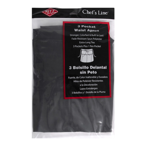 John Ritzenthaler Chef Black 3 Pocket Waist Apron, 12 Per Case