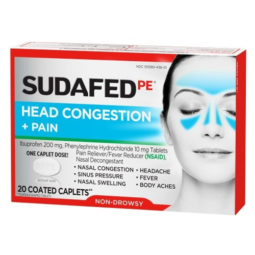 Sudafed Non-Drowsy Pe Head Congestion & Pain Caplets, 20 Count, 3 Per Pack, 8 Per Case