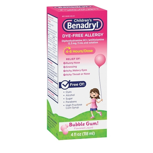 Benadryl Children s Dye Free Allergy Liquid Bubblegum, 4 Fluid Ounce, 3 Per Pack, 12 Per Case