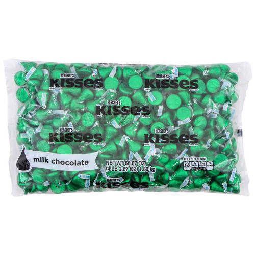 Hershey's Kisses, Milk Chocolate, Green Wrappers, 66.7 Oz Bag, 1 Each/Carton