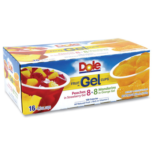 Dole® Fruit In Gel Cups, Mandarins/Orange, Peaches/Strawberry, 4.3 Oz Cups, 16 Cups/carton