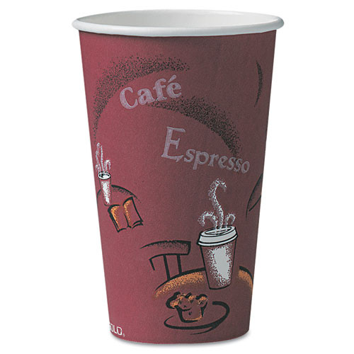 Solo Paper Hot Drink Cups In Bistro Design, 16 Oz, Maroon, 300/carton