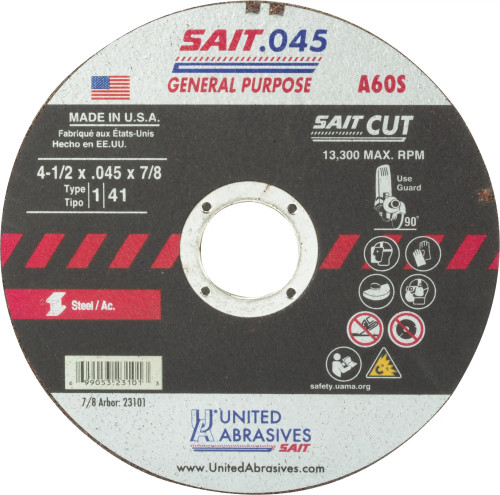 United Abrasives SAIT 23101, Cutting Wheel, 4-1/2" x .045" x 7/8" Type-1 A60S United Abrasives SAIT 23101, Cutting Wheel, 4-1/2" x .045" x 7/8" Type-1 A60S